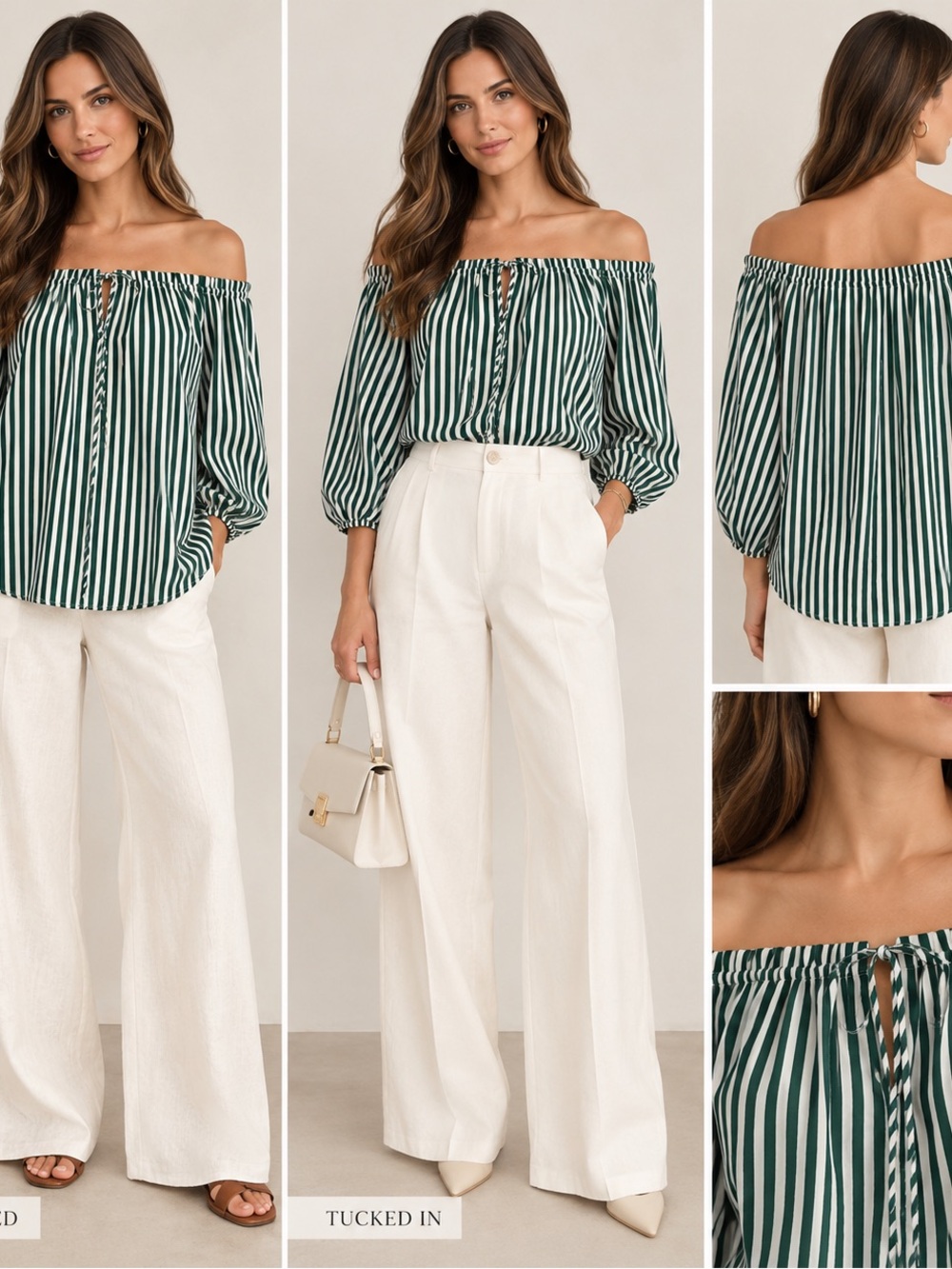 H&M Green and White Striped Off-Shoulder Blouse